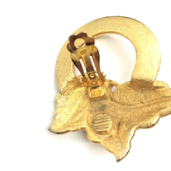 VINTAGE 80S 90S ORGANIC BRUSHED GOLD STATEMENT HOOP EARRING LEAVES PARISIAN CHIC - Picture 14 of 16